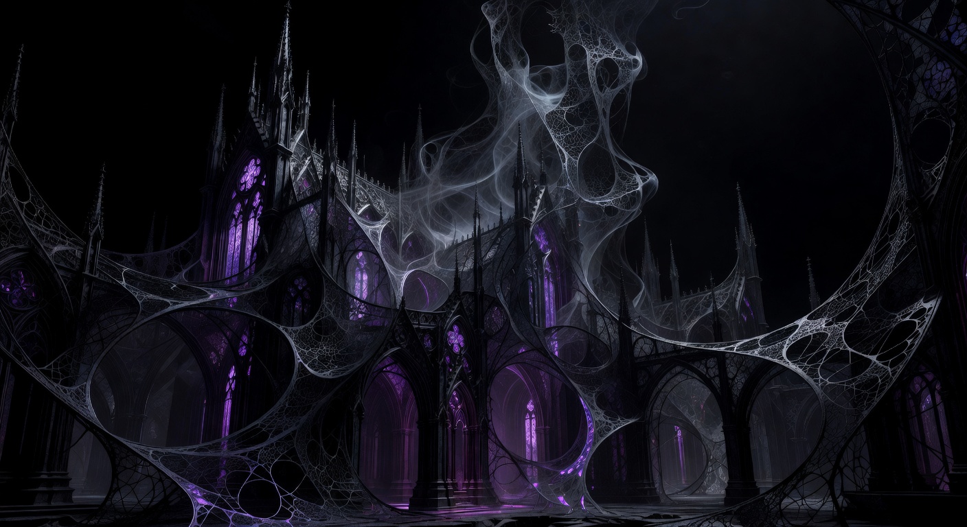 Abstract dark gothic architectural structure with purple neon glows